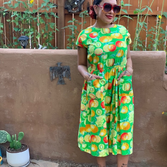 Vintage 1980s Tropical Fruit Green Dress Mod Farmers Market Chic M/L - Picture 4 of 9